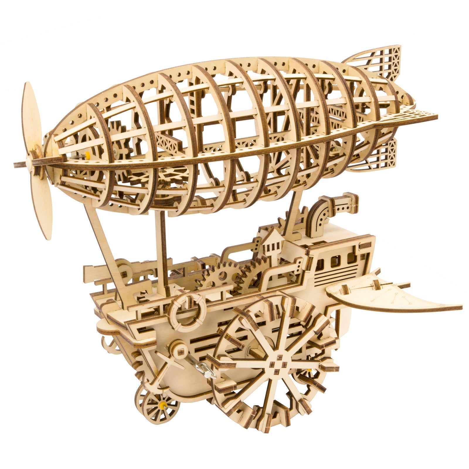 Produktfoto der Robotime Air Vehicle, Holzmodellbau eines mechanischen, fahrenden Steampunk-Zeppelins