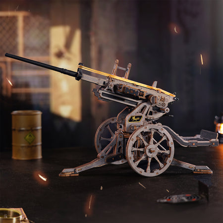 Atmosphärische Präsentation der Robotime Anti-aircraft Gun, Holzbaukasten für Flakgeschütze, die mit Gummibändern schießen kann