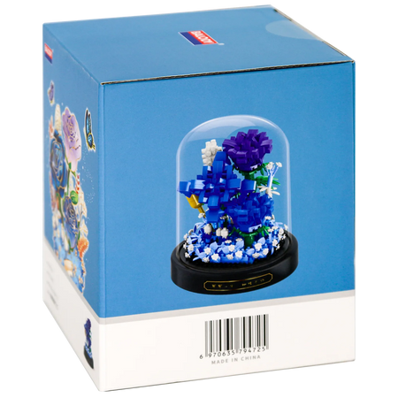 Seite der Verpackung der Balody Miniblocks blaue Rosen in Glocke