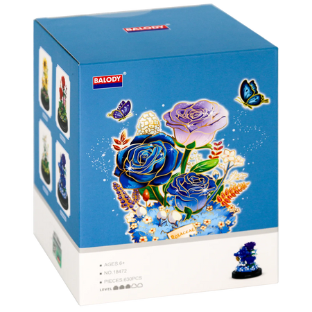 Vorderseite der Verpackung der Balody Miniblocks blaue Rosen in Glocke