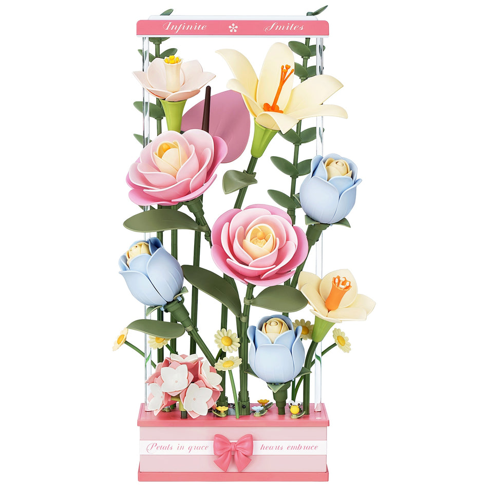 Produktfoto der Robotime Blooming Bouquet Box, mechanischer Bausatz aus Kunststoff mit beweglichen Blumen