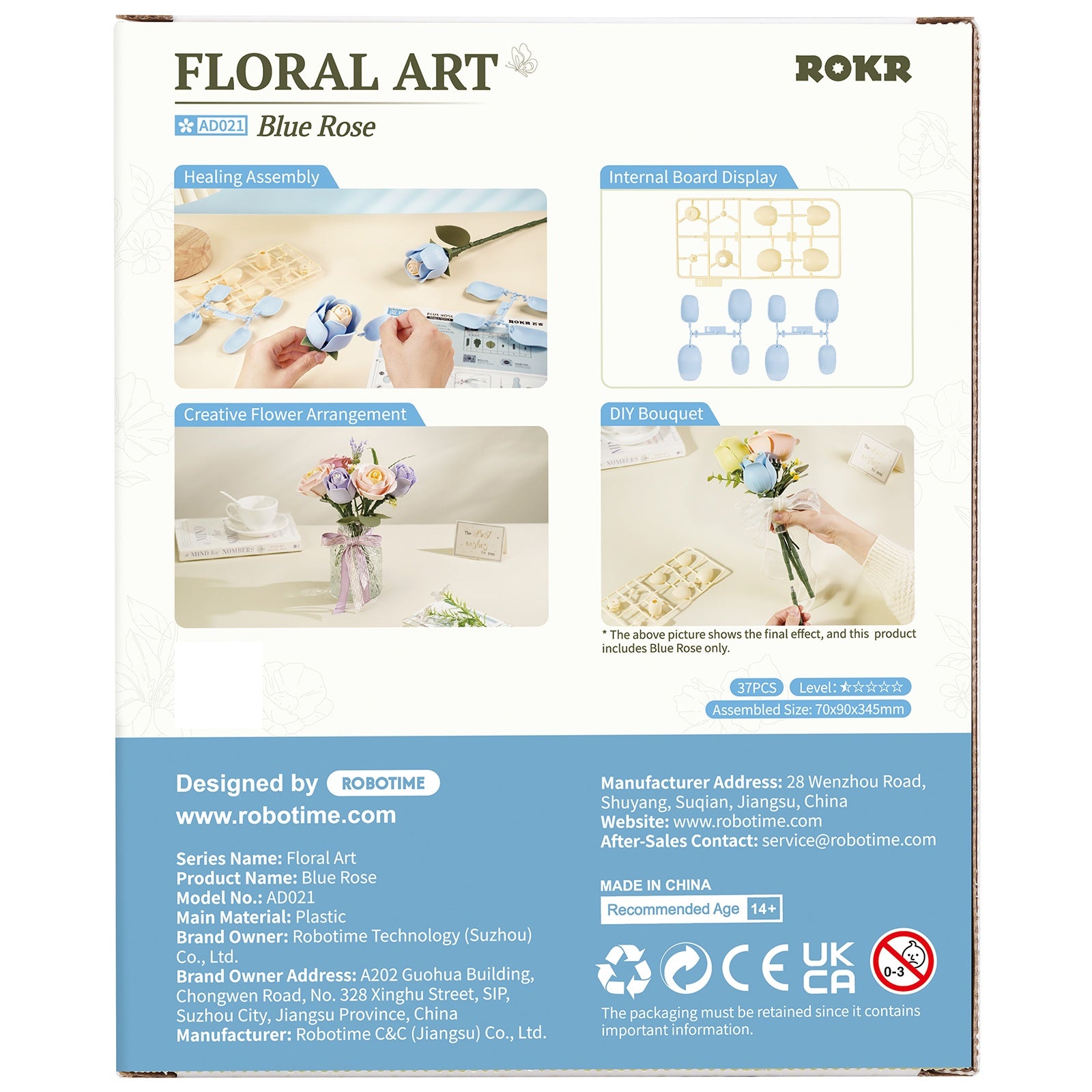 Rückseite der Verpackung der Robotime Blue Rose, Kunststoffbausatz einer blauen Rose