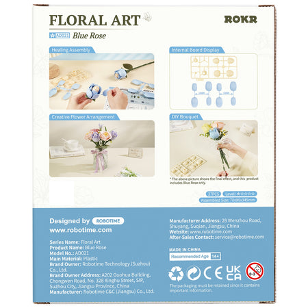 Rückseite der Verpackung der Robotime Blue Rose, Kunststoffbausatz einer blauen Rose