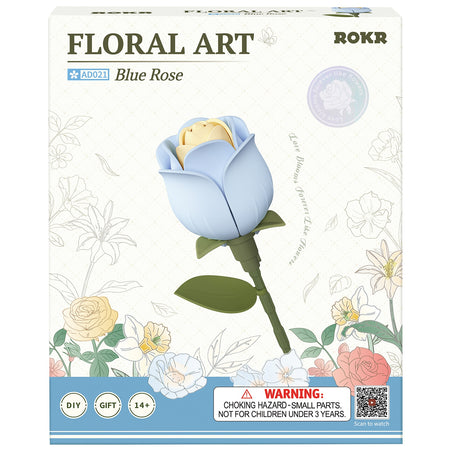 Vorderseite der Verpackung der Robotime Blue Rose, Kunststoffbausatz einer blauen Rose