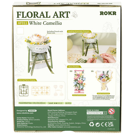 Rückseite der Verpackung der Robotime Camellia, Kunststoffbausatz einer weißen Blume