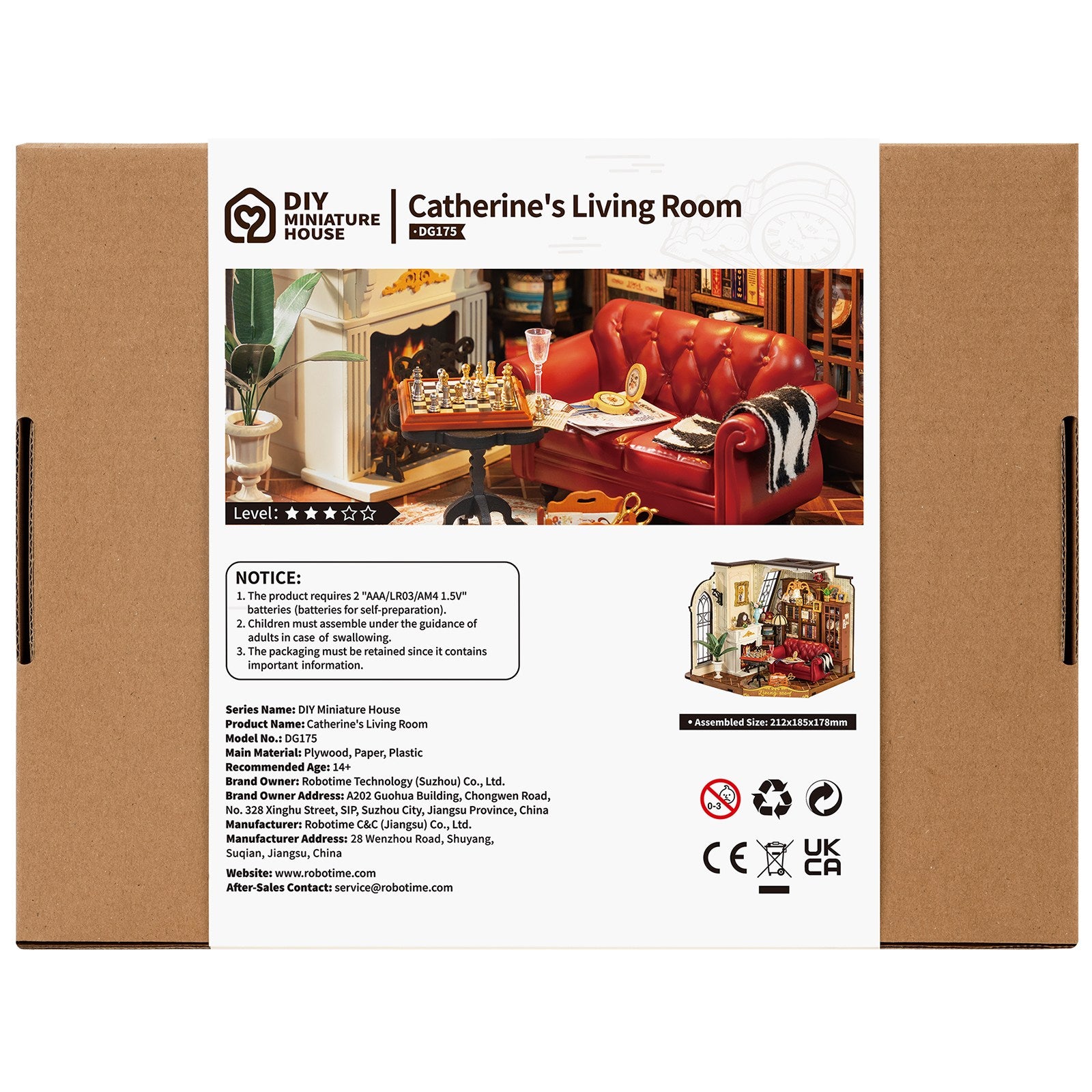 Rückseite der Verpackung der Robotime Catherine’s Living Room, DIY Miniaturhaus eines Vintage-Wohnzimmers