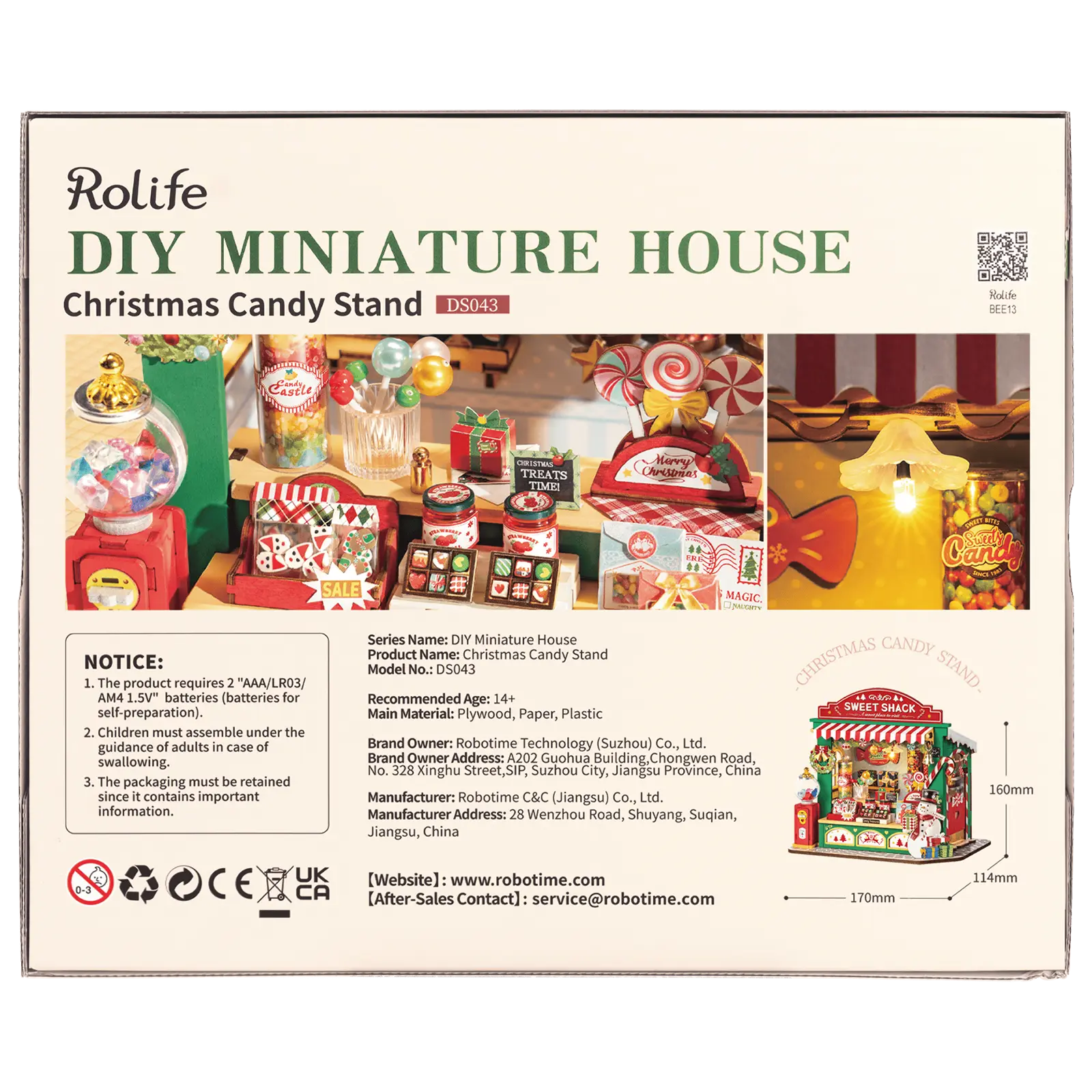 Rückseite der Verpackung der Robotime Christmas Candy Stand, Bausatz für einen Miniatur-Süßigkeitenstand im Weihnachtsdesign