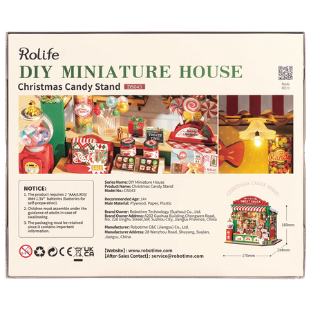 Rückseite der Verpackung der Robotime Christmas Candy Stand, Bausatz für einen Miniatur-Süßigkeitenstand im Weihnachtsdesign