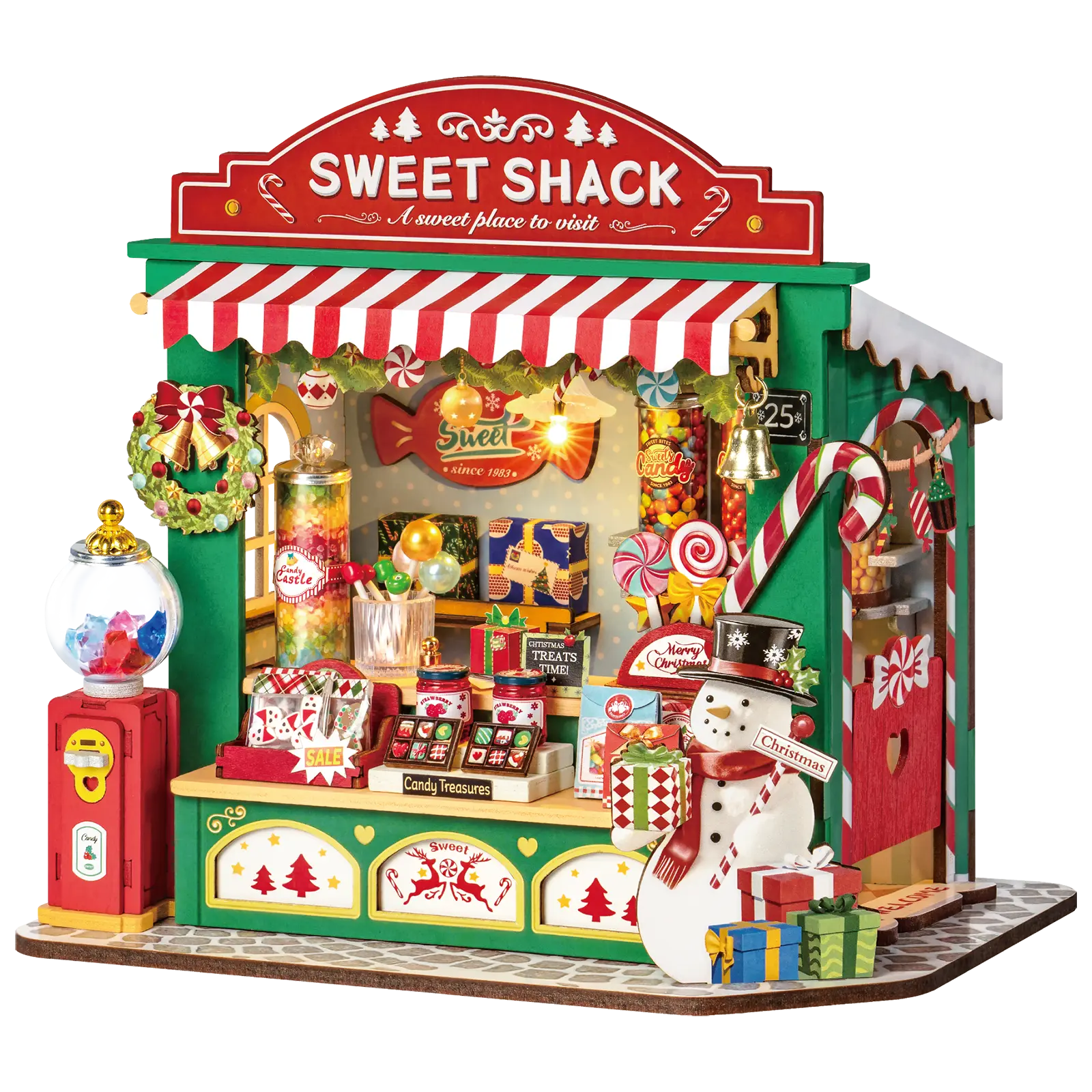 Produktfoto der Robotime Christmas Candy Stand, Bausatz für einen Miniatur-Süßigkeitenstand im Weihnachtsdesign