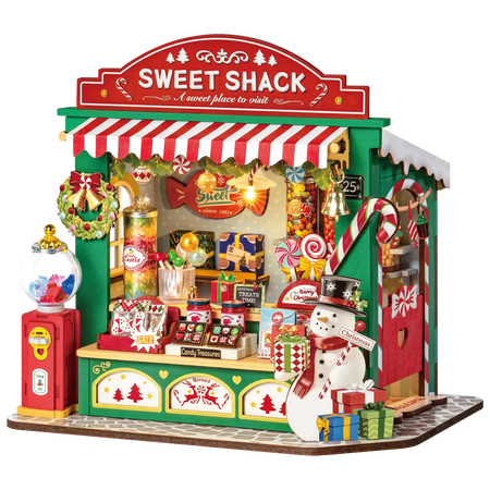 Produktfoto der Robotime Christmas Candy Stand, Bausatz für einen Miniatur-Süßigkeitenstand im Weihnachtsdesign
