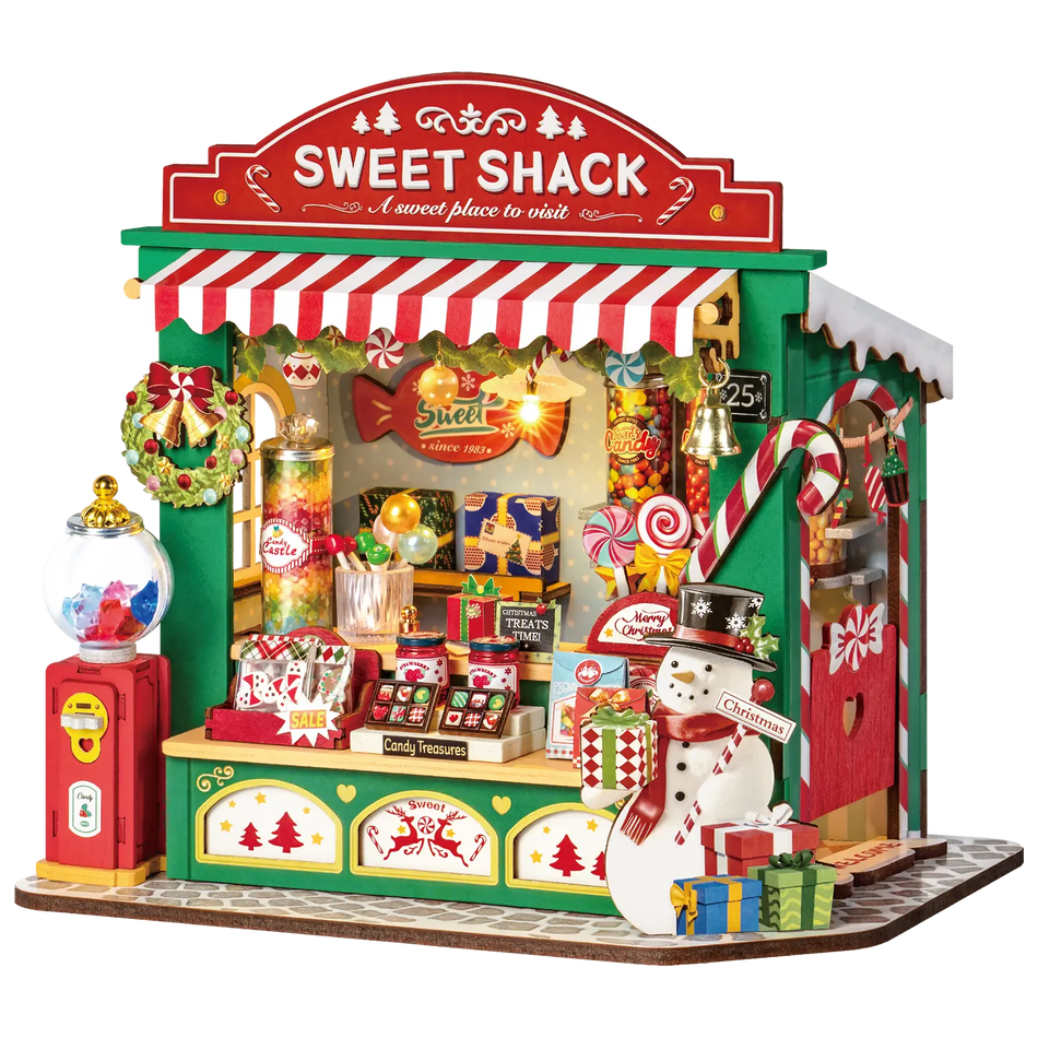 Produktfoto der Robotime Christmas Candy Stand, Bausatz für einen Miniatur-Süßigkeitenstand im Weihnachtsdesign