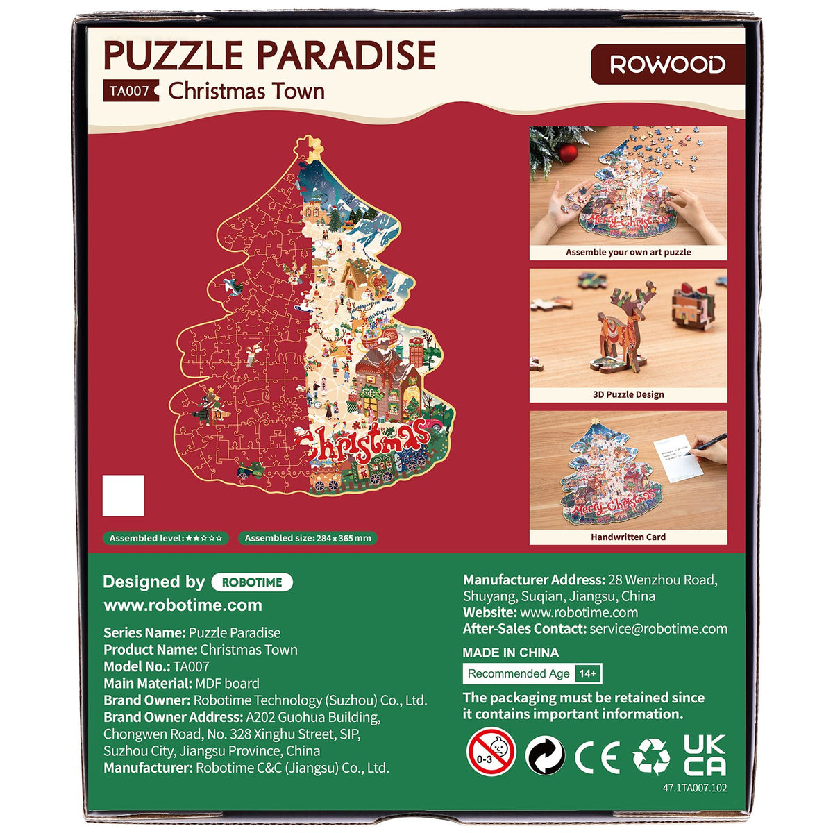Rückseite der Verpackung der Robotime Christmas Town, Weihnachtsbaum-Puzzle mit ungewöhnlichen Teilen, die ein Dorf in weihnachtlicher Atmosphäre darstellen