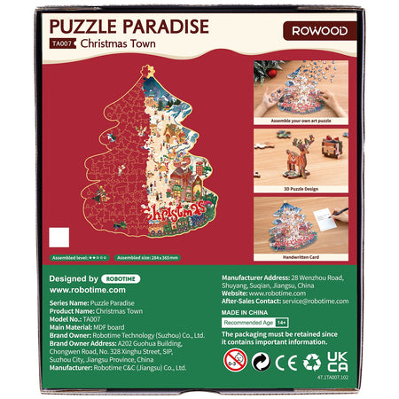 Rückseite der Verpackung der Robotime Christmas Town, Weihnachtsbaum-Puzzle mit ungewöhnlichen Teilen, die ein Dorf in weihnachtlicher Atmosphäre darstellen