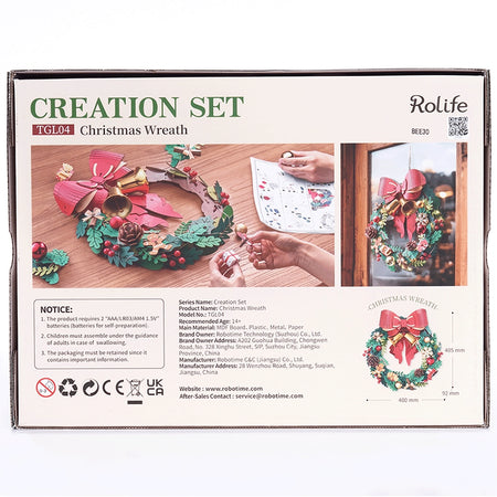 Rückseite der Verpackung der Robotime Christmas Wreath, Holzbausatz einer Weihnachtskranz