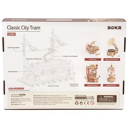 Rückseite der Verpackung der Robotime Classic City Tram, Holzmodellbau eines mechanische, fahrende portugiesische Straßenbahn