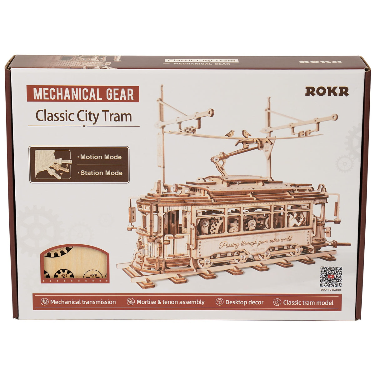 Vorderseite der Verpackung der Robotime Classic City Tram, Holzmodellbau eines mechanische, fahrende portugiesische Straßenbahn