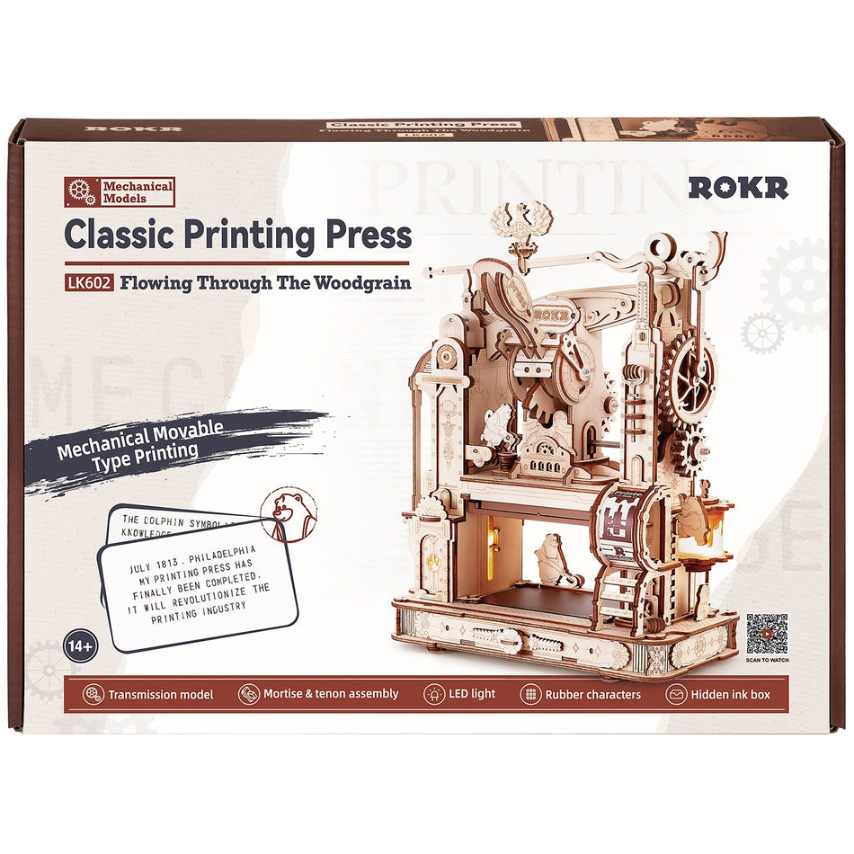 Vorderseite der Verpackung der Robotime Classic Printing Press, Holzmodellbau einer funktionierenden Druckerpresse