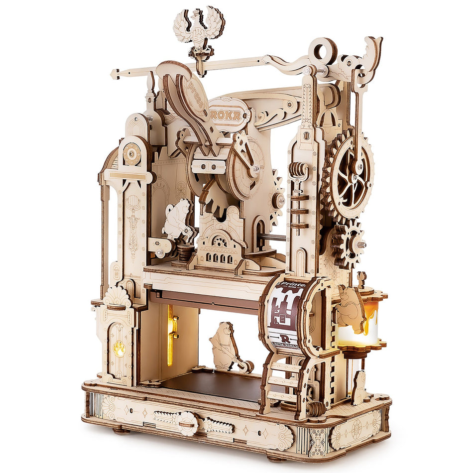 Produktfoto der Robotime Classic Printing Press, Holzmodellbau einer funktionierenden Druckerpresse