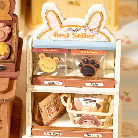 Vorverpackte Kekse, präsentiert in einem Display im Robotime Cookii Bunny’s Cookie Shop