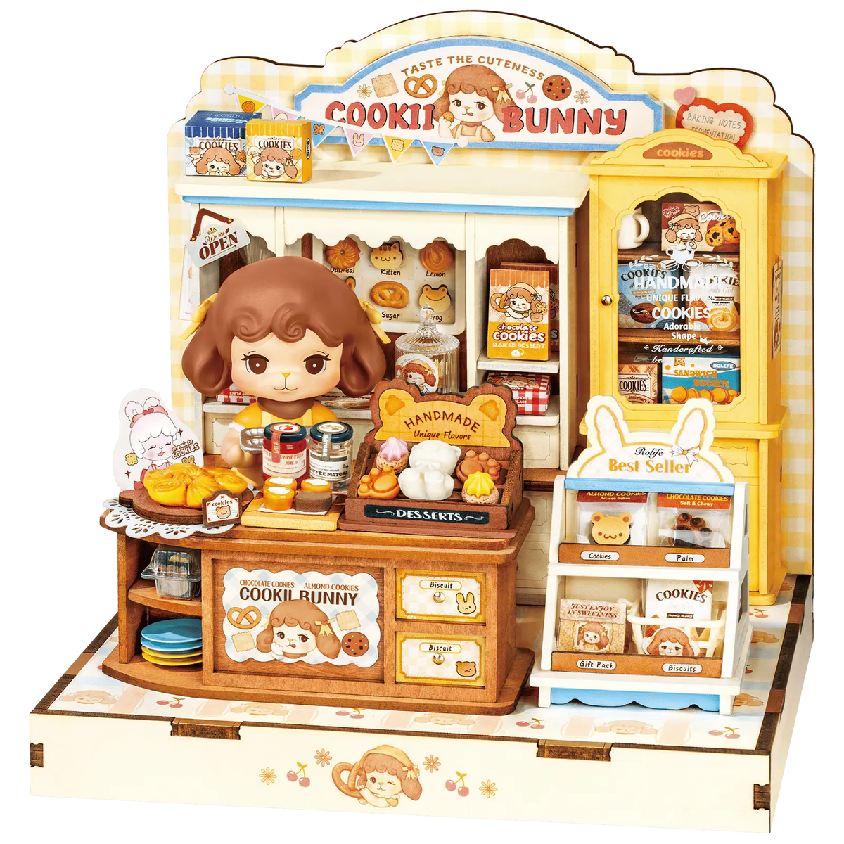 Produktfoto der Robotime Cookii Bunny’s Cookie Shop, Miniaturhaus einer Keksladen mit Cookii Bunny hinter der Theke