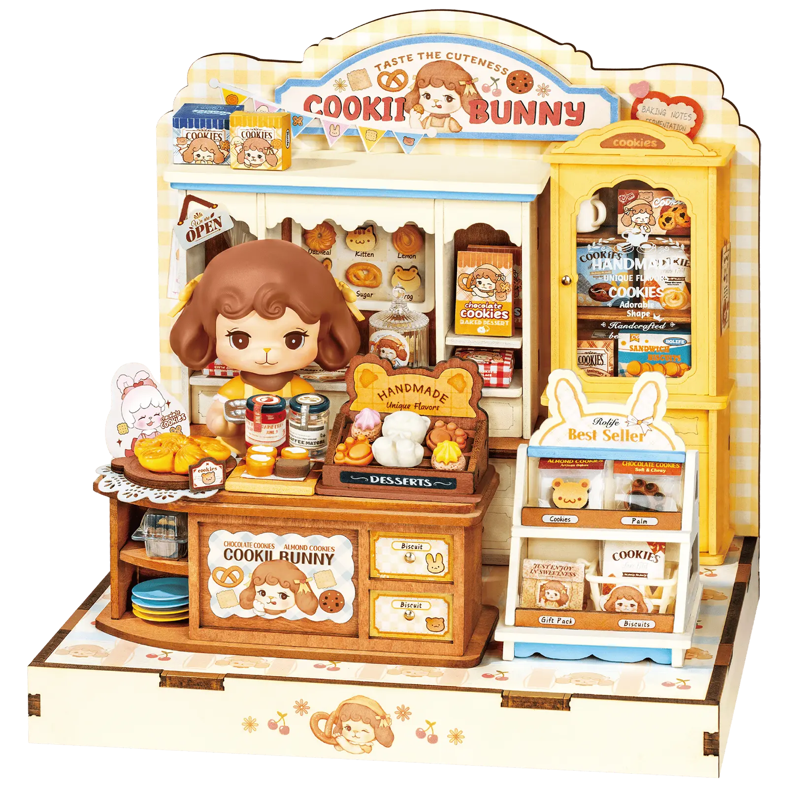 Produktfoto der Robotime Cookii Bunny’s Cookie Shop, Miniaturhaus einer Keksladen mit Cookii Bunny hinter der Theke
