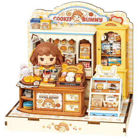 Produktfoto der Robotime Cookii Bunny’s Cookie Shop, Miniaturhaus einer Keksladen mit Cookii Bunny hinter der Theke