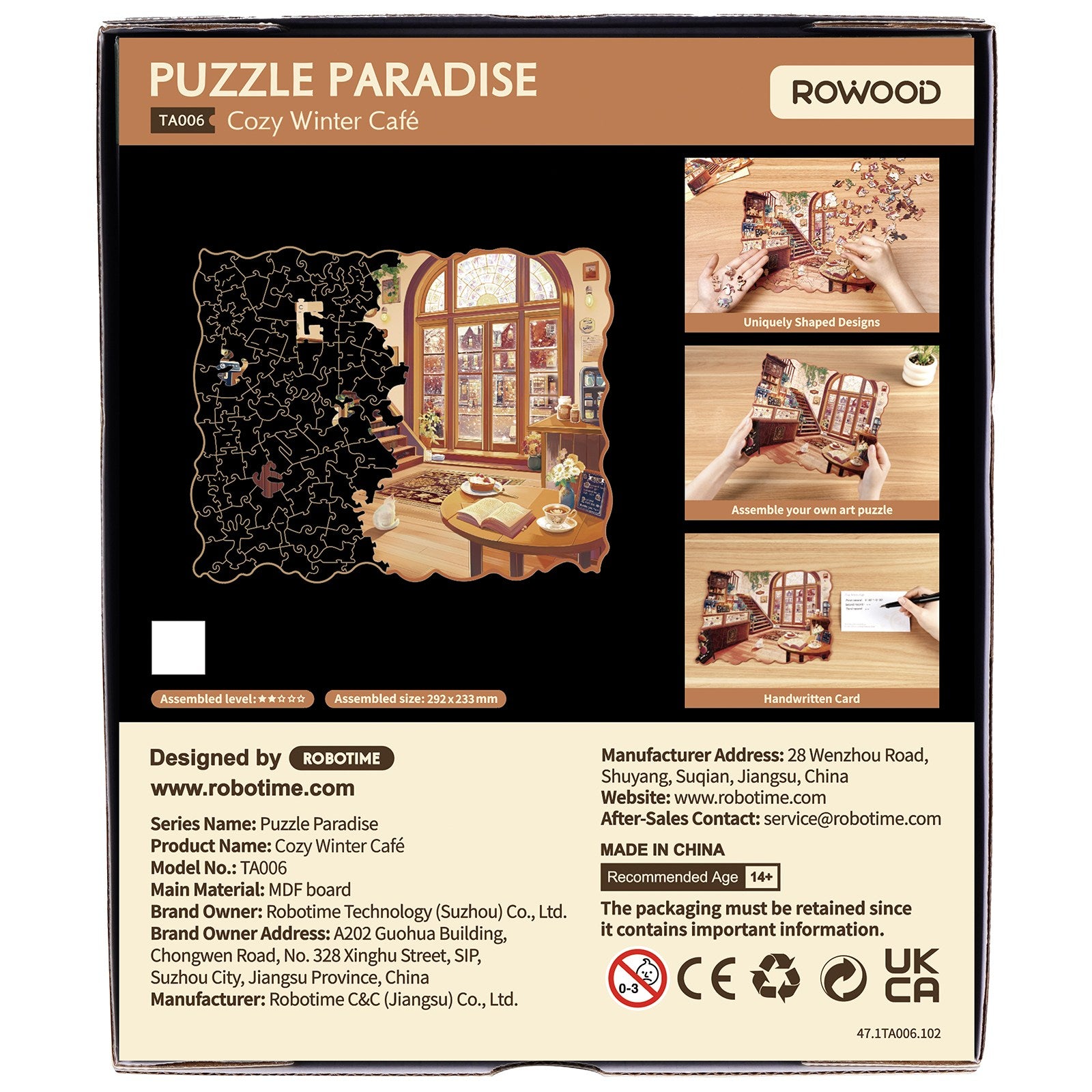 Rückseite der Verpackung der Robotime Cozy Winter Café, Holzpuzzle eines Wintercafés mit ungewöhnlichen Teilen