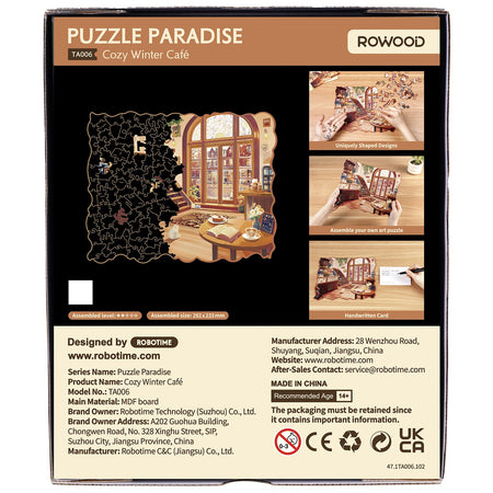 Rückseite der Verpackung der Robotime Cozy Winter Café, Holzpuzzle eines Wintercafés mit ungewöhnlichen Teilen