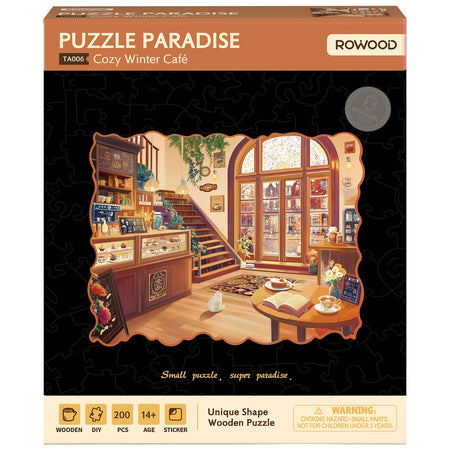 Vorderseite der Verpackung der Robotime Cozy Winter Café, Holzpuzzle eines Wintercafés mit ungewöhnlichen Teilen