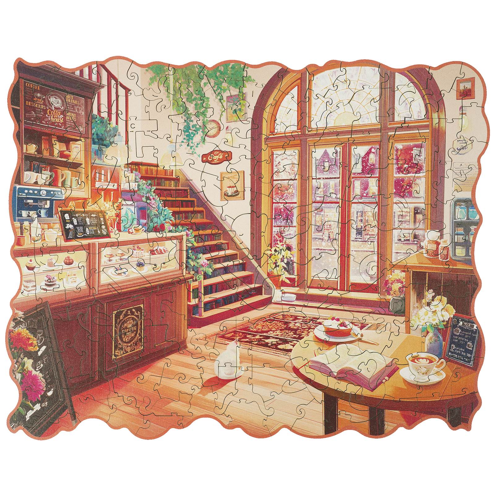 Produktfoto der Robotime Cozy Winter Café, Holzpuzzle eines Wintercafés mit ungewöhnlichen Teilen