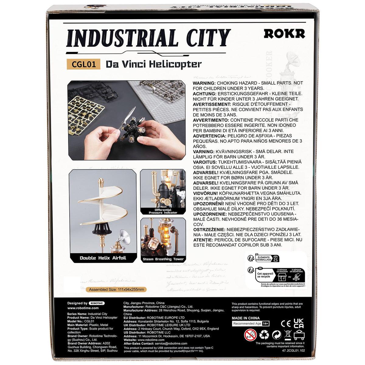 Rückseite der Verpackung der Robotime Da Vinci Helicopter, Modellbausatz, inspiriert vom Hubschrauber von Leonardo da Vinci