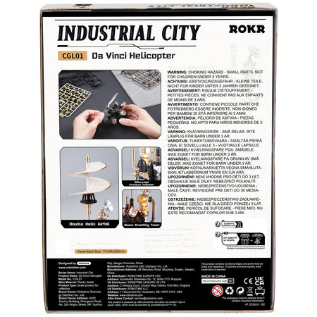 Rückseite der Verpackung der Robotime Da Vinci Helicopter, Modellbausatz, inspiriert vom Hubschrauber von Leonardo da Vinci