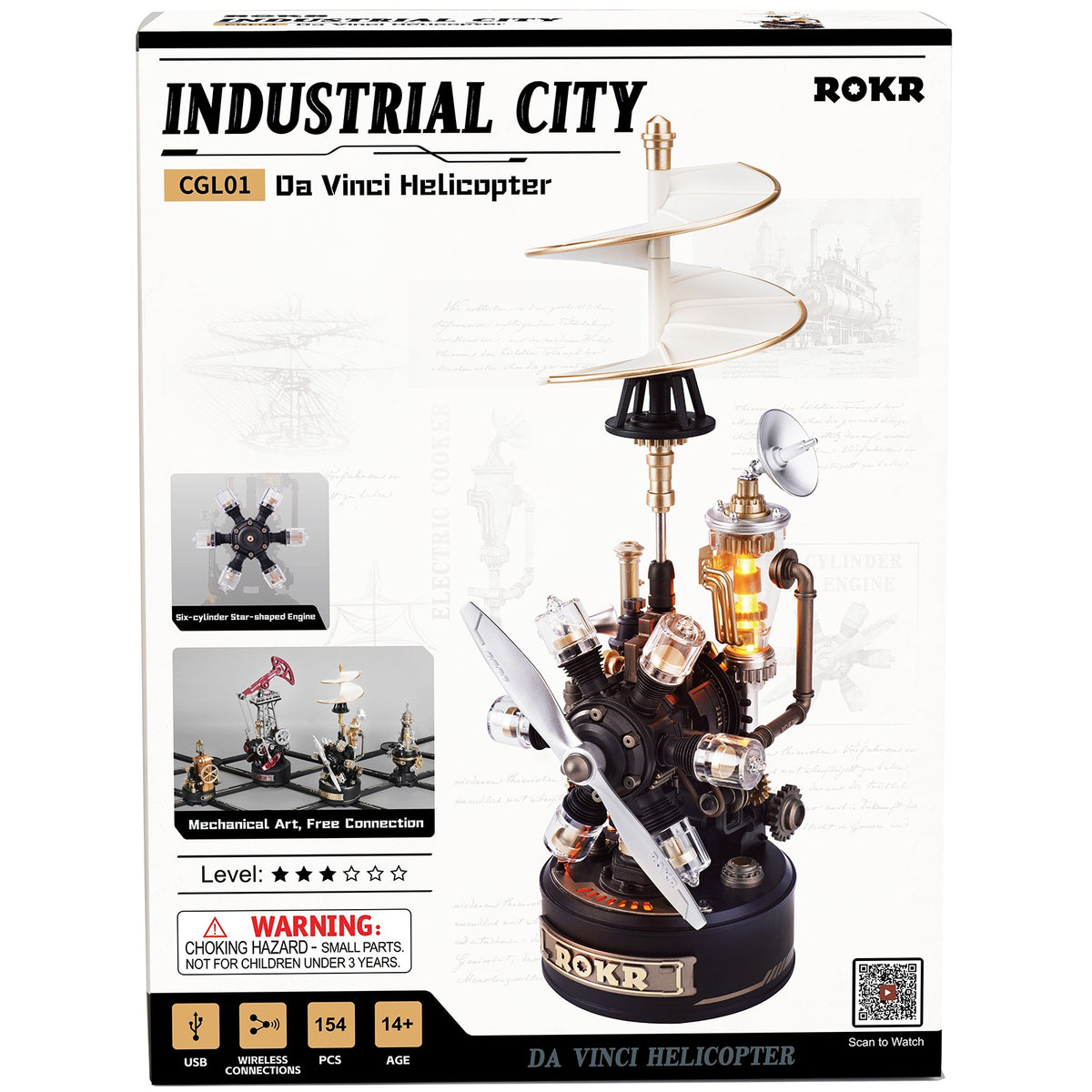 Vorderseite der Verpackung der Robotime Da Vinci Helicopter, Modellbausatz, inspiriert vom Hubschrauber von Leonardo da Vinci