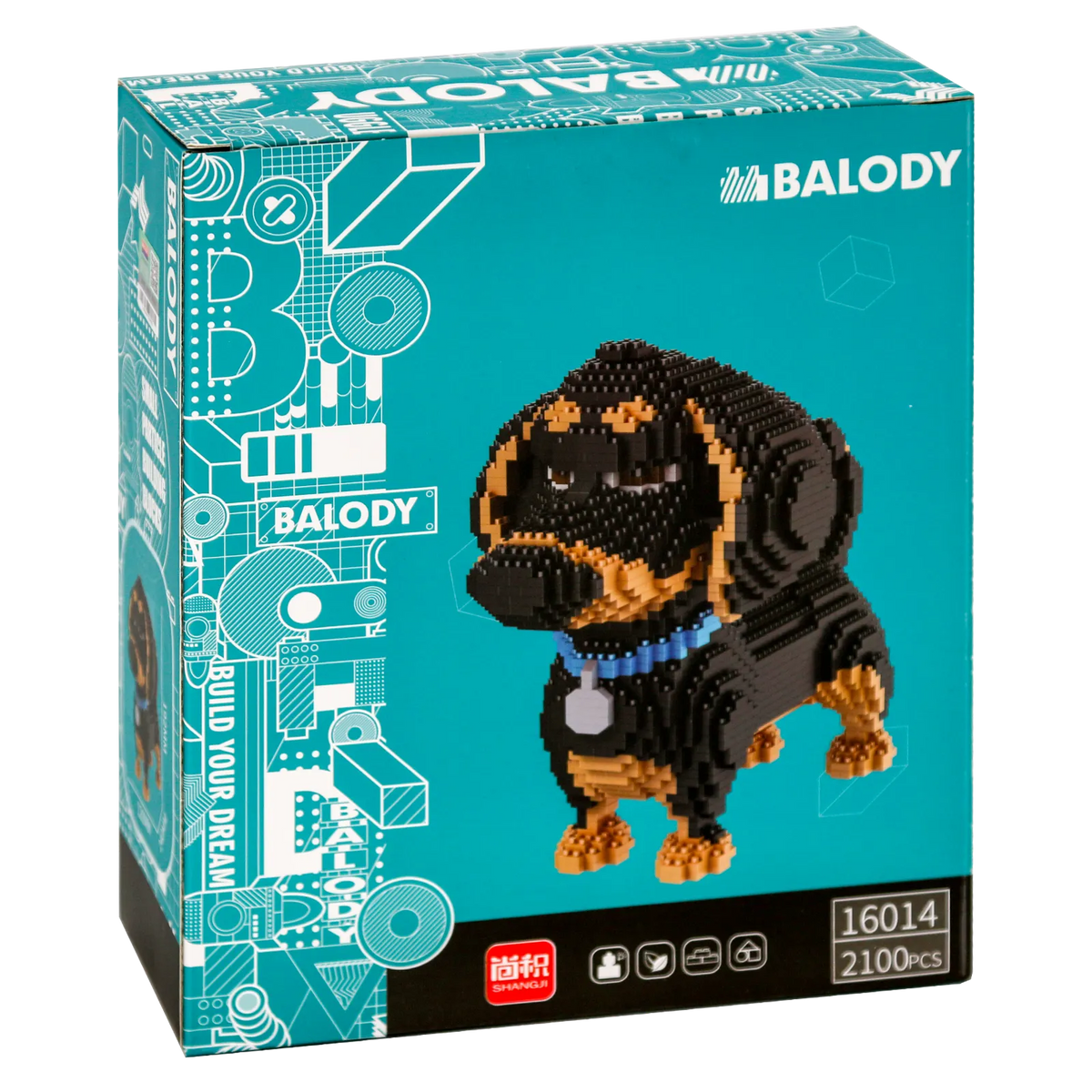 Rückseite der Verpackung der Balody Miniblocks großer schwarz-brauner Dackel