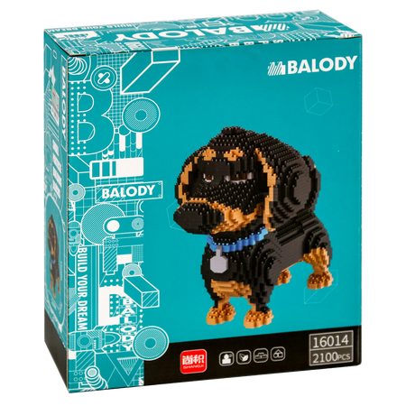 Rückseite der Verpackung der Balody Miniblocks großer schwarz-brauner Dackel