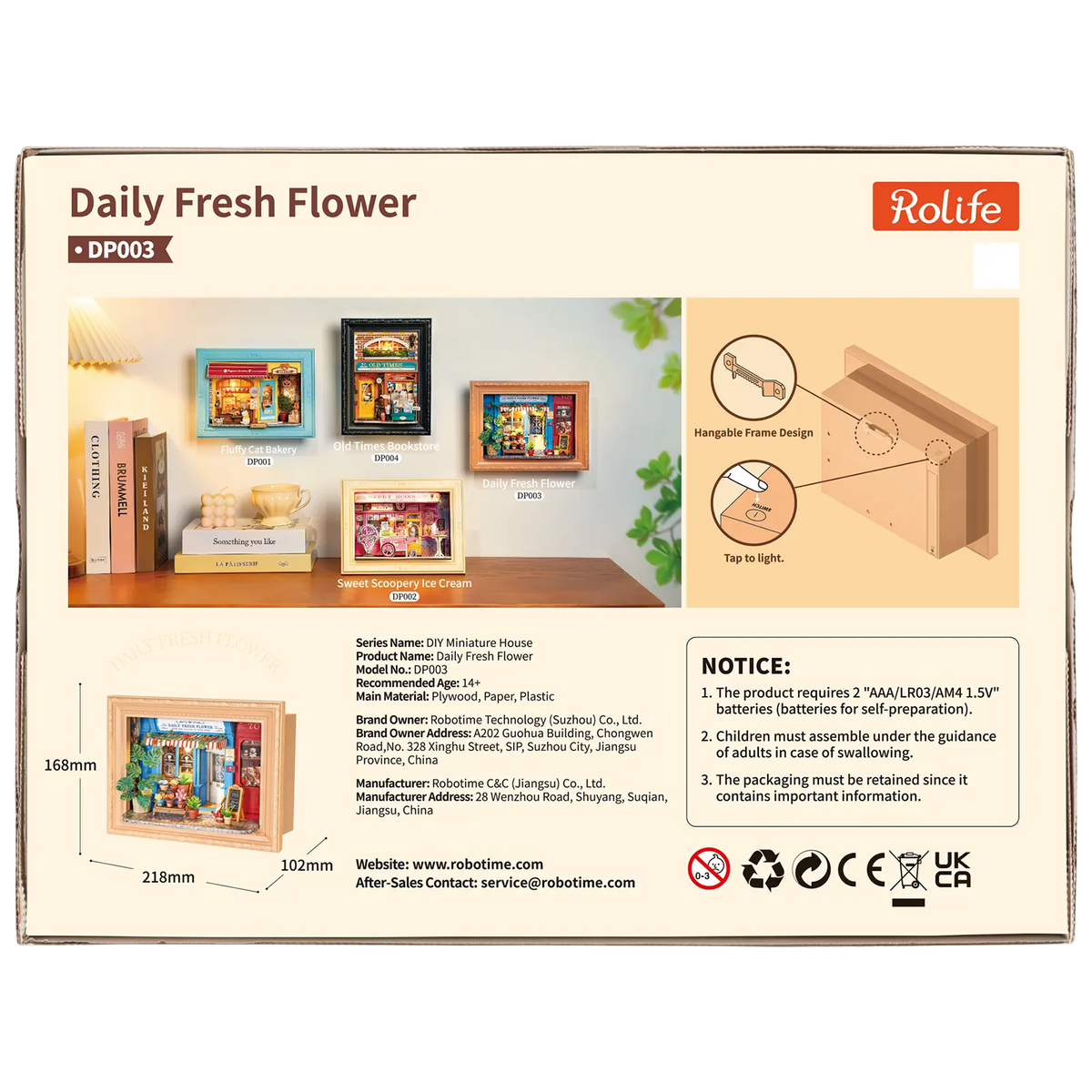 Rückseite der Verpackung der Robotime  Daily Fresh Flower, Diorama in einem Rahmen eines altmodischen Ladens mit Blumen und Pflanzen