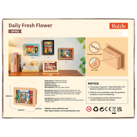 Rückseite der Verpackung der Robotime  Daily Fresh Flower, Diorama in einem Rahmen eines altmodischen Ladens mit Blumen und Pflanzen