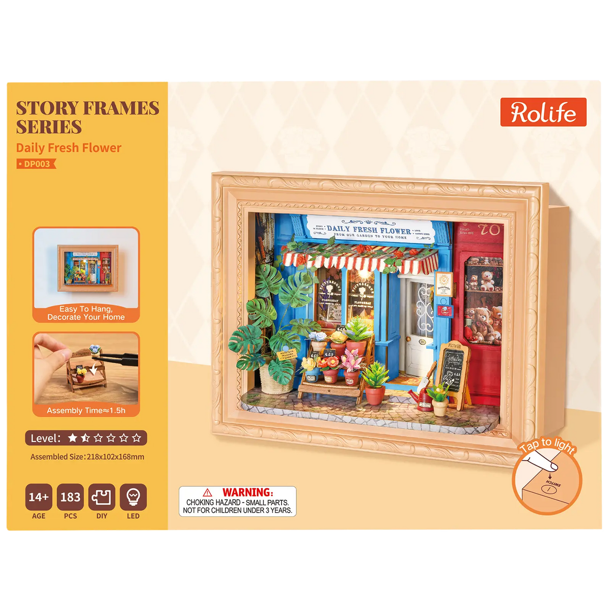 Vorderseite der Verpackung der Robotime Daily Fresh Flower, Diorama in einem Rahmen eines altmodischen Ladens mit Blumen und Pflanzen