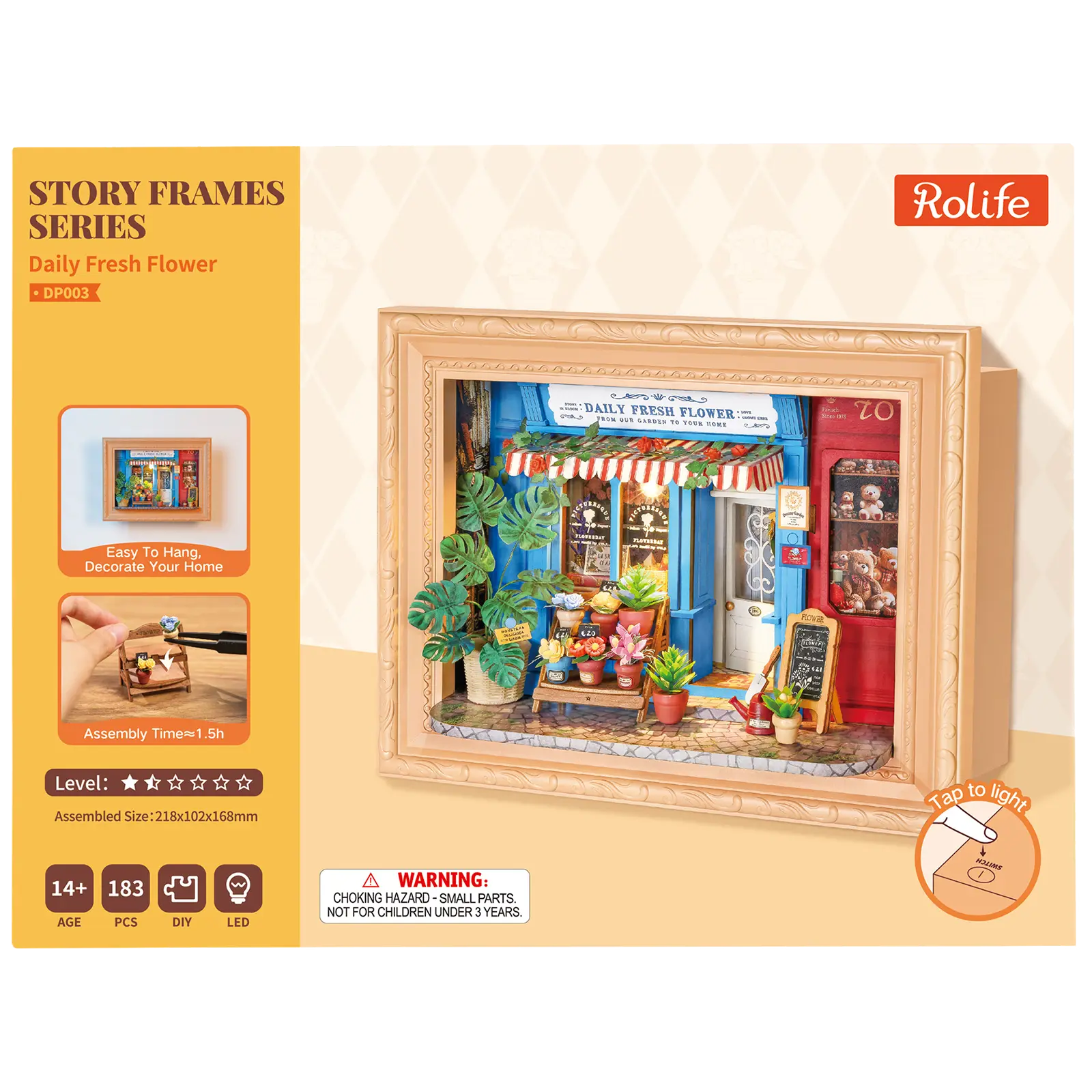 Vorderseite der Verpackung der Robotime Daily Fresh Flower, Diorama in einem Rahmen eines altmodischen Ladens mit Blumen und Pflanzen