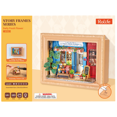 Vorderseite der Verpackung der Robotime Daily Fresh Flower, Diorama in einem Rahmen eines altmodischen Ladens mit Blumen und Pflanzen