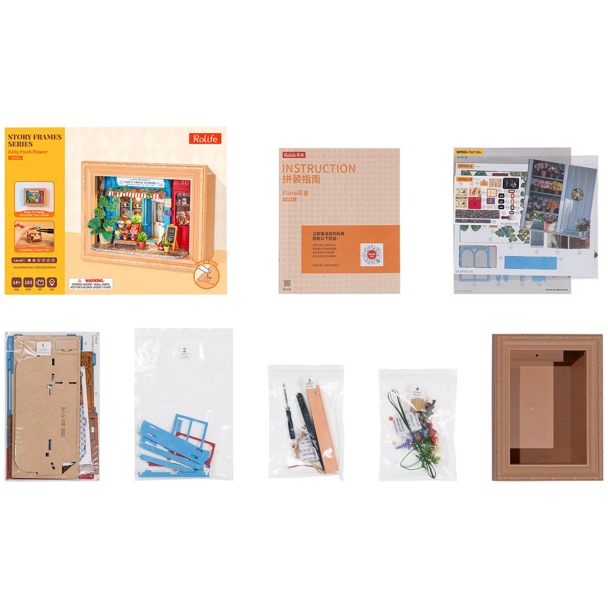 Packungsinhalt der Robotime Daily Fresh Flower, Diorama in einem Rahmen eines altmodischen Ladens mit Blumen und Pflanzen