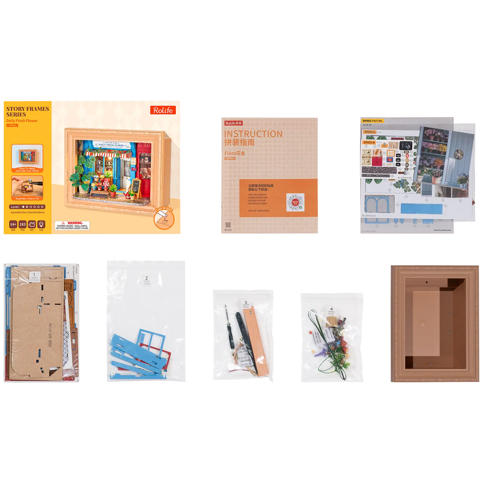 Packungsinhalt der Robotime Daily Fresh Flower, Diorama in einem Rahmen eines altmodischen Ladens mit Blumen und Pflanzen