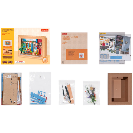 Packungsinhalt der Robotime Daily Fresh Flower, Diorama in einem Rahmen eines altmodischen Ladens mit Blumen und Pflanzen