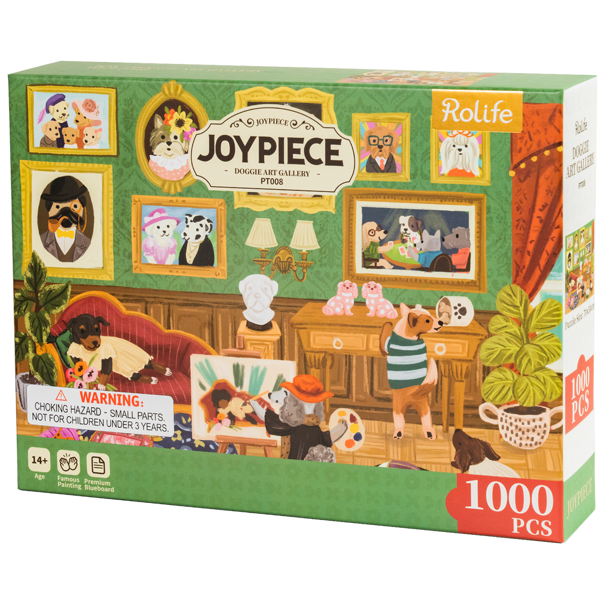 Vorderseite der Verpackung der Robotime Doggie Art Gallery, 1.000-teiliges Puzzle eines Gemäldes mit Hunden in einem Raum voller Kunst