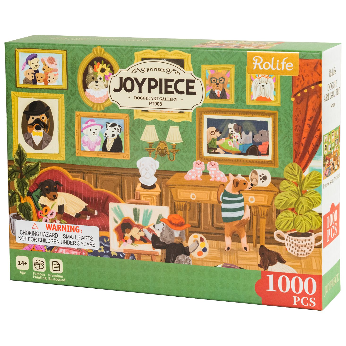 Vorderseite der Verpackung der Robotime Doggie Art Gallery, 1.000-teiliges Puzzle eines Gemäldes mit Hunden in einem Raum voller Kunst
