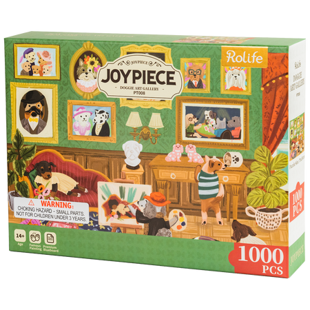 Vorderseite der Verpackung der Robotime Doggie Art Gallery, 1.000-teiliges Puzzle eines Gemäldes mit Hunden in einem Raum voller Kunst