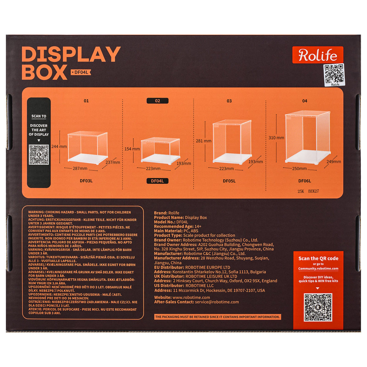 Rückseite der Verpackung der Robotime Dust Cover Landscape S, Kunststoff-Bausatz für eine Vitrine mit einer Länge von 205 mm, einer Breite von 177 mm und einer Höhe von 137 mm