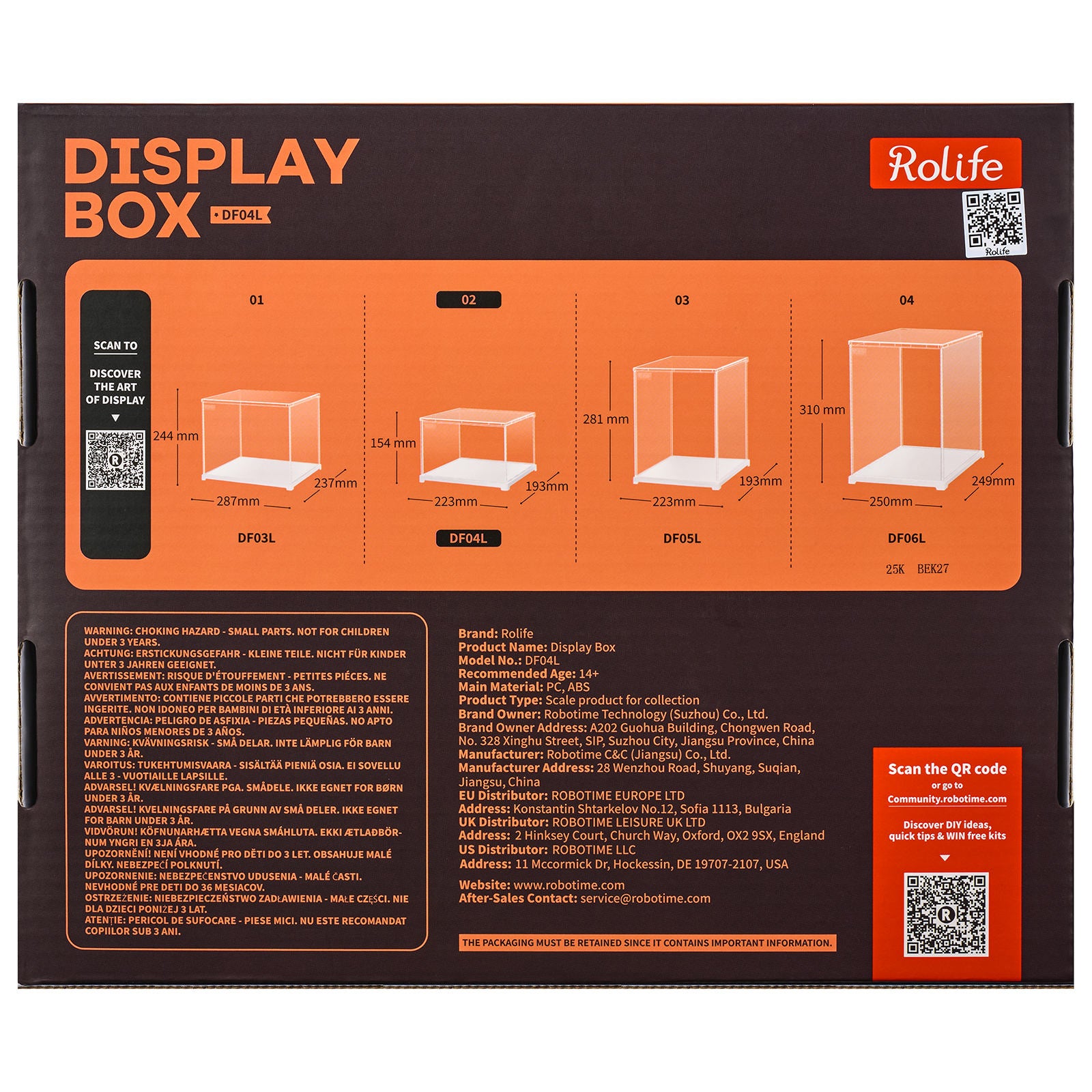 Rückseite der Verpackung der Robotime Dust Cover Landscape S, Kunststoff-Bausatz für eine Vitrine mit einer Länge von 205 mm, einer Breite von 177 mm und einer Höhe von 137 mm