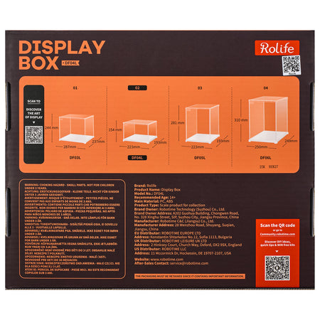 Rückseite der Verpackung der Robotime Dust Cover Landscape S, Kunststoff-Bausatz für eine Vitrine mit einer Länge von 205 mm, einer Breite von 177 mm und einer Höhe von 137 mm