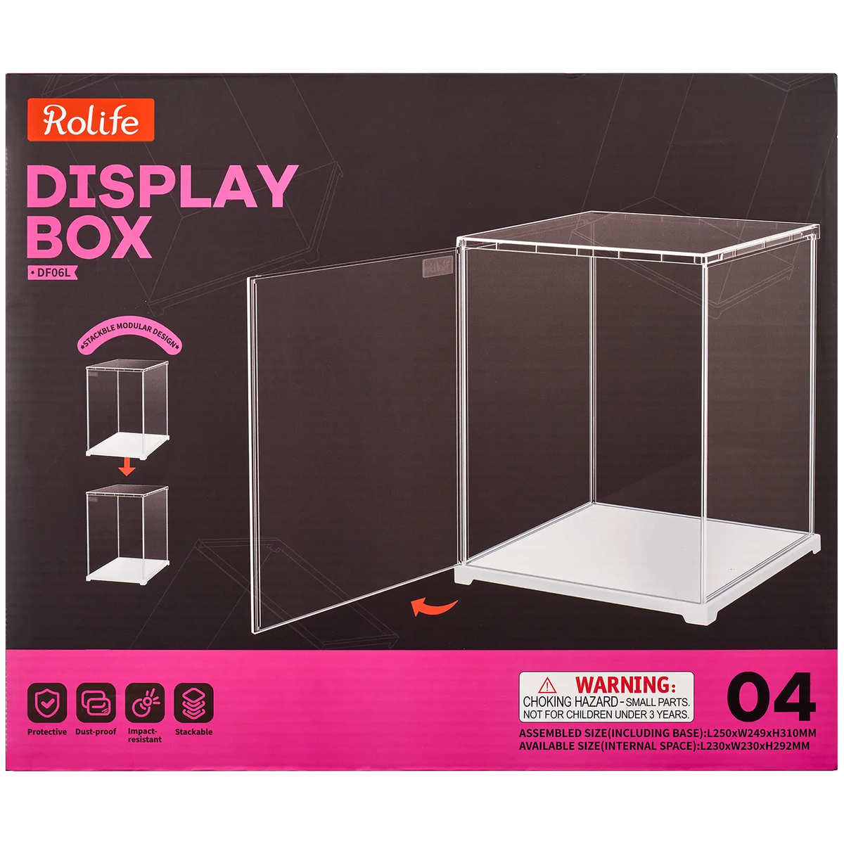Vorderseite der Verpackung der Robotime Dust Cover Portrait L, Kunststoff-Bausatz für eine Vitrine mit einer Länge von 230 mm, einer Breite von 230 mm und einer Höhe von 292 mm (Innenmaße)